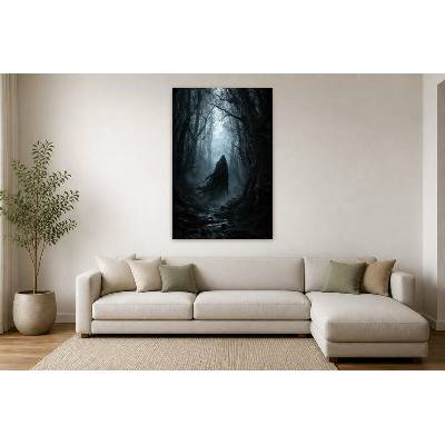 Obraz na plátně – Zahalená postava v mlhavém lese 90 × 135 cm