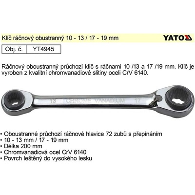 Yato Ráčnový klíč průchozí oboustranný 10-13-17-19 mm YT-4945