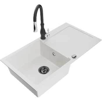 Mexen Leo гранитна мивка с 1 отделение и отцедник и кухненски смесител Savita, бял - 6501-20-672601-70 (6501-20-672601-70)