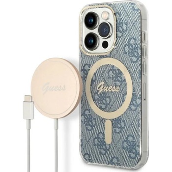 GUESS Комплект безжично зарядно устройство и кейс Guess GUBPP14XH4EACSB за iPhone 14 Pro Max 6.7"", син / син, твърд, съвместим с MagSafe, 4G Print (GUE002559-0)