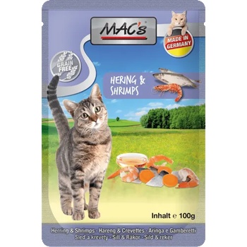 MAC's Mac’s Cat Adult GRAIN FREE, пауч за пораснали котки, БЕЗ ЗЪРНО, с Херинга и скариди, Моркови и масло от сьомга, 100 гр - Германия - 856VE