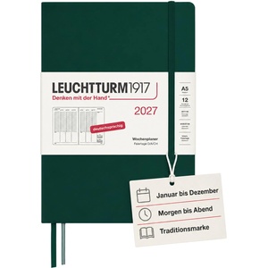 Leuchtturm1917 Weekly Planner 2027 Medium (A5) - Forest Green - 210 x 145 mm - January-December (12 months) - weekly overview with hourly grid 7: 00-22: 00 per column - 80 g/m2 paper - 400150 (400150)