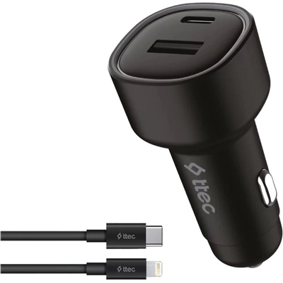 Ttec Зарядно 12V ttec SmartCharger Duo PD 48W Vehicle Fast Charger USB-C+USB-A - USB-C-Lightning Cable - Черно