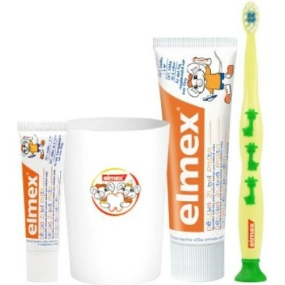 Elmex Detská zubná pasta 50 ml + 12ml) + kefka + pohárik