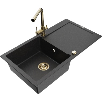 Mexen Leo гранитна мивка с 1 отделение и отцедник и кухненски смесител Duero, черно/сребърен металик - 6501-73-671600-50 (6501-73-671600-50)