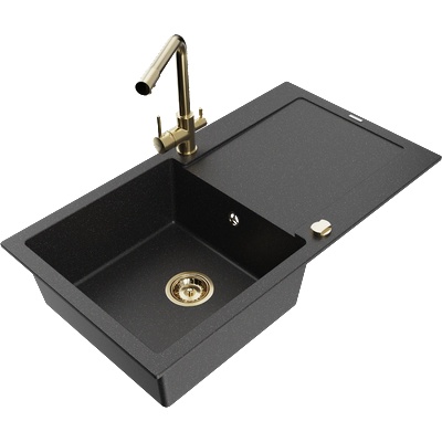 Mexen Leo гранитна мивка с 1 отделение и отцедник и кухненски смесител Duero, черно/сребърен металик - 6501-73-671600-50 (6501-73-671600-50)