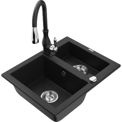 Mexen Carlos гранитна мивка с 1, 5 камери и кухненски смесител Savita, черен - 6518-77-672601-70 (6518-77-672601-70)