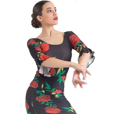 Happy Dance Kvetinová blúzka na flamenco E4754 čierna s farebnými kvetmi