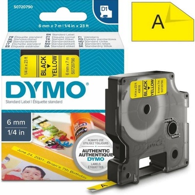 Páska Dymo D1, 6mm (43618) žlutá, černý tisk, 7m