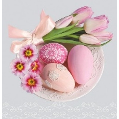 Maki ubrousky velikonoční 3V 33x33 cm 20 ks -Easter Eggs with Pink Tulips and Primr