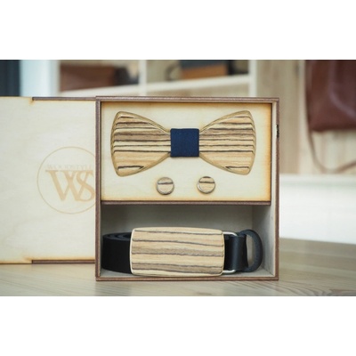 Wood Style Set Kulatý Zebráno opasek motýlek a manžetové knoflíčky Modrotisk