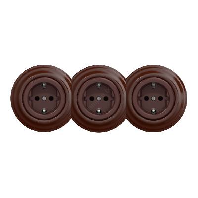 - Тройна ретро битова розетка с рамка SCHUKO 230V, кафява (KA0036B)