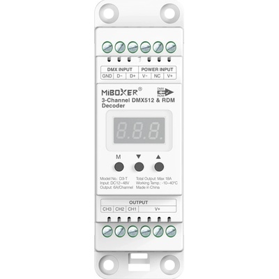 Mi-Light DMX 512 dekodér na DIN lištu D3-T pro RGB pásky 3-kanál 18A DC12-48V