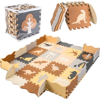 INKA Hracia podložka z puzzle 143x143x1cm 36 dielikov dinosaurus sivá béžová čierna hnedá