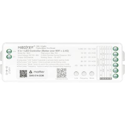 Mi-Light, LED přijímač 5v1 pro jenobarevné/CCT/RGB/RGBW/RGB+CCT LED pásky, Matter Over Wifi+2,4GHz, DC 12-48 V, Max.15 A, ML5, Mi-Light
