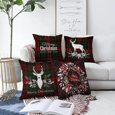 Minimalist Cushion Covers Комплект от 4 коледни калъфки от шенил Тартан Весела Коледа, 55 x 55 cm - Minimalist Cushion Covers (Sonil-K4luset238)