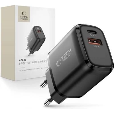 Tech-Protect nca20 мрежово зарядно с 2 порта pd 20w / qc3.0 черен (5906302330539)
