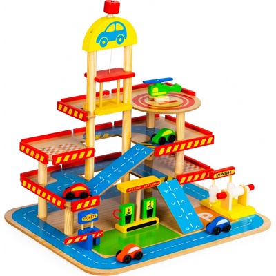 Eco Toys Veľká drevená garáž s výťahom hnedá