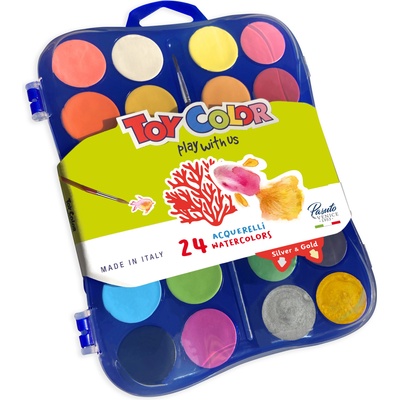 Toy Color Водни бои 24 цвята Toy Color Ø 30 мм със злато и сребро