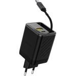 Dudao A67EU мрежово зарядно устройство с USB+2 Type-C изхода, 67 W, PD бързо зареждане + вграден кабел Type-C, ЧЕРНО GP-190664 (GP-190664)