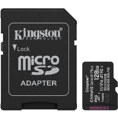Карта памет Kingston - Canvas Select Plus, 128GB, microSD, C10 + адаптер (SDCS3/128GB)