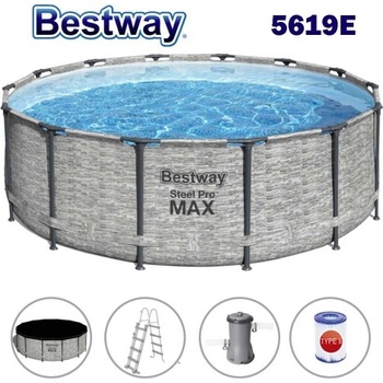 Bestway Басейн с метална конструкция, шарка камък, 488x122см, Bestway 5619E Steel Pro Max, с филтърна помпа, стълба и покривало (5619E Steel Pro Max)