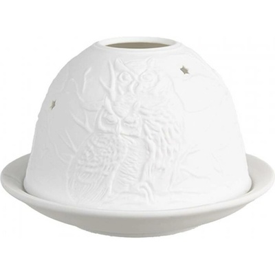 Bílý porcelánový svícen na čajovou svíčku se sovami ve větvích stromů – 12x8 cm