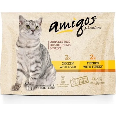Amigos Premium Pouch - Пълноценна храна за израснали котки, пилешко с черен дроб и пилешко с пуешко 400 гр
