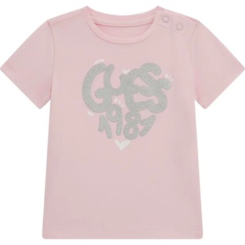 GUESS Бледо розова тениска за бебе момиче със сребрист надпис Guess