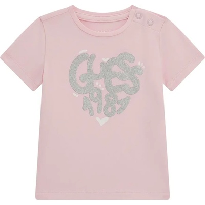 GUESS Бледо розова тениска за бебе момиче със сребрист надпис Guess