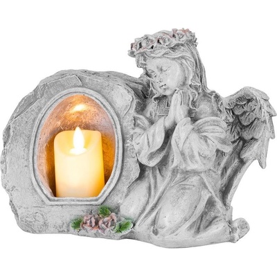 Dekorácia MagicHome, Anjel modliaci so sviečkou, LED, polyresin, na hrob, 28x13x