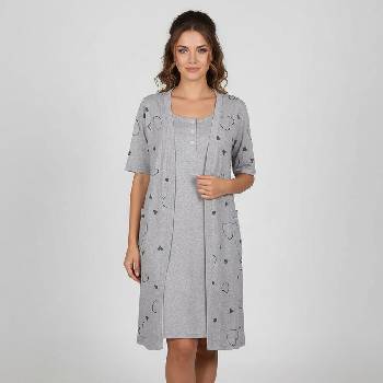 Сив комплект халат и нощница със сърца