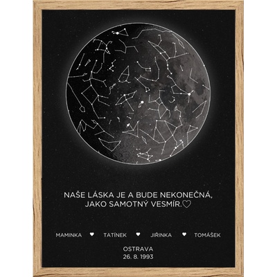 Plakát MĚSÍC s HVĚZDNOU OBLOHOU Rozměr plakátu: A4 (21 x 29,7 cm), Rámeček: Dřevěný rámeček, Počet osob, Text: 3-4 osoby zobrazený text