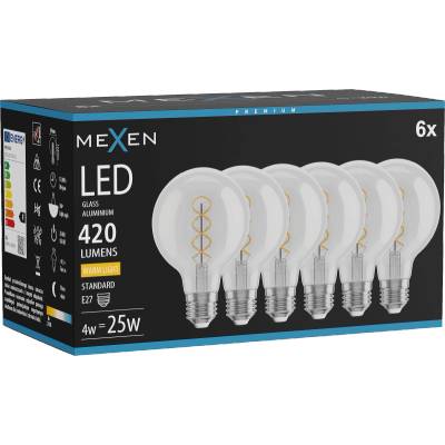 Mexen Vintis 6x LED крушка с нишка спирала E27, G80, 4W, Топла - 2700K, 420 lm, прозрачно (L165-E27-0427-00x06)