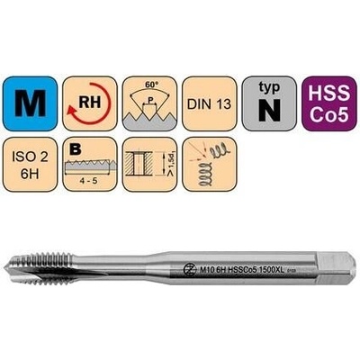NÁSTROJE CZ Závitník strojní M12 ISO2 HSSE DIN 371 B prodloužený L=100mm - CZZ1500XL-M12-ISO2