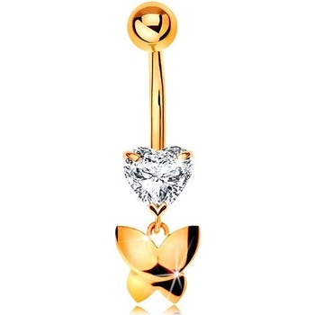 Šperky eshop zlatý piercing do pupku číre brúsené srdiečko visiaci lesklý motýľ S2GG183.30