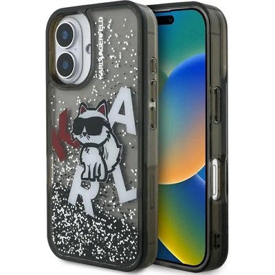 KARL LAGERFELD Кейс за iPhone 16 с течен блясък и лого на Karl Lagerfeld Choupette - черен (3666339464028)