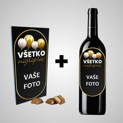 FOTOpošta Víno + Čokoláda s fotkou rámik Všetko najlepšie balóny SET Víno výber: červené polosladké, Druh čokolády: mliečna čokoláda