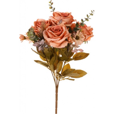 Umělá kytice Růže s eukalyptem oranžová, 35 cm