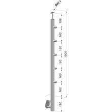 nerezový stĺp, bočné kotvenie, 5 radový priechodný, vonkajší, vrch pevný (ø 42.4x2mm), leštená nerez /AISI304