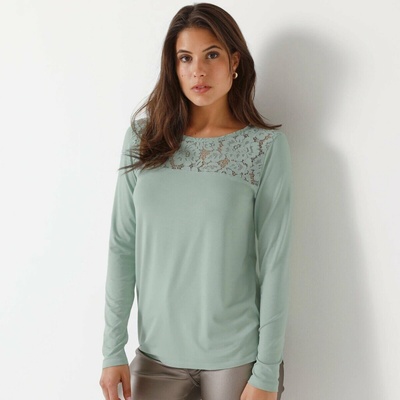 Blancheporte Tričko s okrúhlym výstrihom dlhými rukávmi a čipkou zelenkastá
