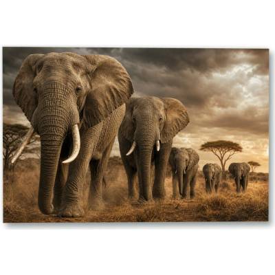 Plakát – Stádo slonů v travnaté krajině Bez rámu Ano Bez rámu 135 × 90 cm