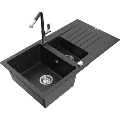 Mexen Matias мивка от гранит с 1, 5 камери с отцедник и кухненски смесител Flora, черен/сребърен - 6502-73-670401-07 (6502-73-670401-07)