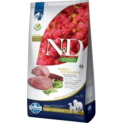 N&d dog grain free quinoa weight management lamb, broccoli medium & maxi - за възстановяване и поддържане на идеално телесно тегло, за кучета над 1 година, с агнешко месо, киноа, броколи и аспержи - 7 кг pnd0700090