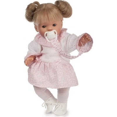 TYBER Anna blondýna v růžovobílém plačící s dudlíkem vel. 38 cm