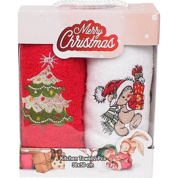 Коледни кърпи в червено и бяло с елха и мече