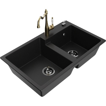 Mexen Tomas двукоморна гранитна мивка с кухненски смесител Carla, черна - 6516-77-670700-50-B (6516-77-670700-50-B)