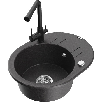 Mexen Kevin мивка от гранит с 1 отделение и отцедник и кухненски смесител Duero, черна с петна - 6517-76-671600-70 (6517-76-671600-70)