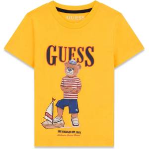 GUESS Жълта тениска за мини момче с цветно мече отпред и черен надпис Guess
