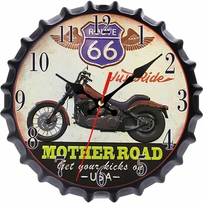 Predator Q1 Nástenné hodiny s dizajnom uzáveru fľaše a motocyklovým vzorom, route 66, 30 cm × 30 cm